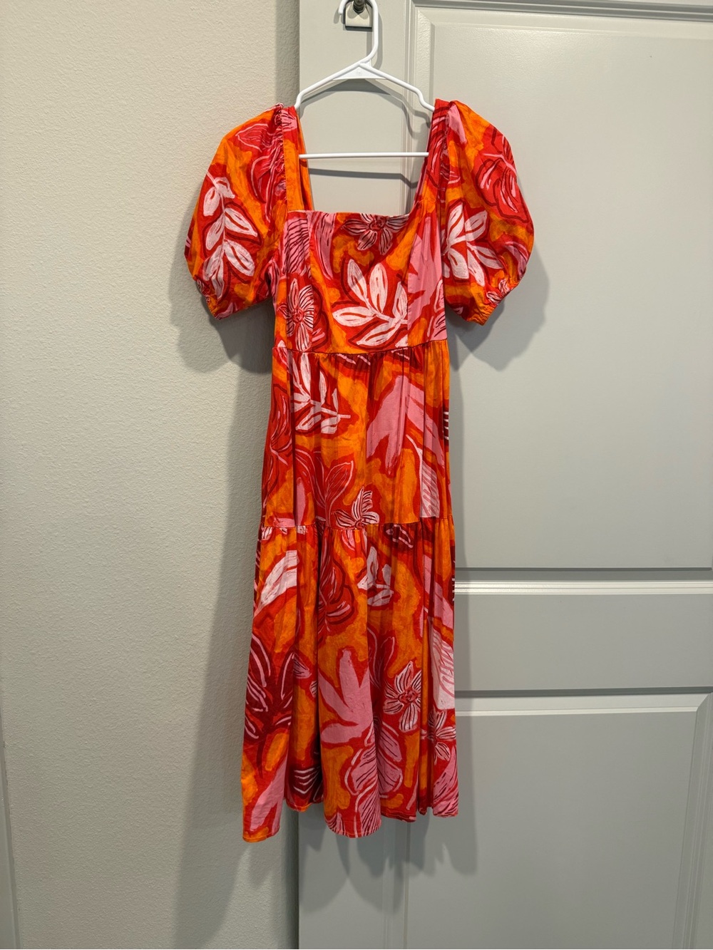 Pink & Orange Floral Puff Sleeve Midi Dress